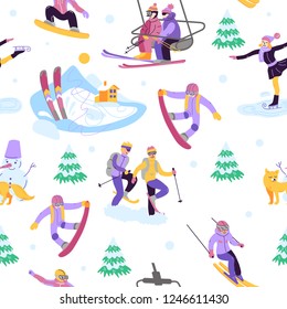 Beautiful vector seamless pattern with ski, snowboarding, snowshoeing and other winter activities. perfect for design of ski clubs