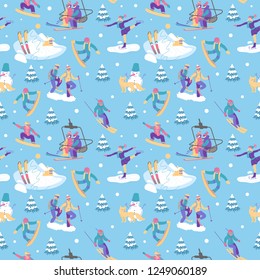 Beautiful vector seamless pattern with ski, snowboarding, snowshoeing and other winter activities. perfect for design of ski clubs