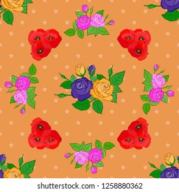 Beautiful vector seamless pattern in small abstract red, orange and green rose flowers. Small colorful flowers. Small cute simple spring stylized rose flowers.