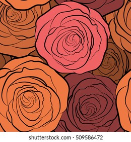 Beautiful vector seamless pattern in small abstract red rose flowers. Small colorful flowers. Small cute simple spring stylized rose flowers.