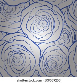 Beautiful vector seamless pattern in small abstract blue rose flowers. Small monochrome flowers. White background. Small cute simple spring stylized rose flowers.