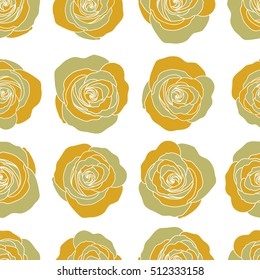 Beautiful vector seamless pattern in small abstract yellow rose flowers. Small colorful flowers. White background. Small cute simple spring stylized rose flowers.
