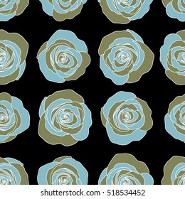 Beautiful vector seamless pattern in small abstract blue and green rose flowers. Small colorful flowers. Black background. Small cute simple spring stylized rose flowers.