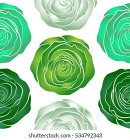 Beautiful vector seamless pattern in small abstract green, neutral and white rose flowers. White background. Small cute simple spring stylized rose flowers. Small colorful flowers.