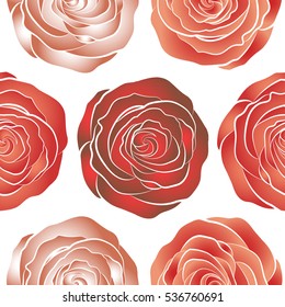 Beautiful vector seamless pattern in small abstract red, white and orange rose flowers. Small colorful flowers. White background. Small cute simple spring stylized rose flowers.