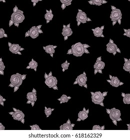 Beautiful vector seamless pattern in small abstract neutral rose flowers. Small colorful flowers. Black background. Small cute simple spring stylized rose flowers.