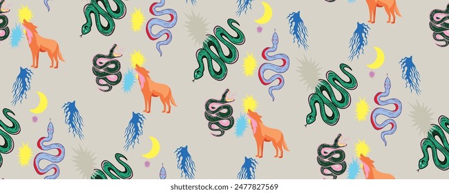 Beautiful vector seamless pattern of snake wolf