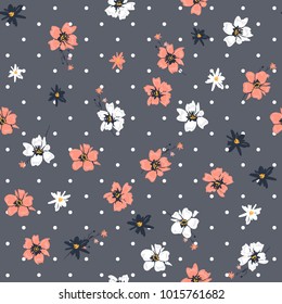 Beautiful  Vector seamless pattern sweet softy wild flower mix on modern polka dots grey background and white dots