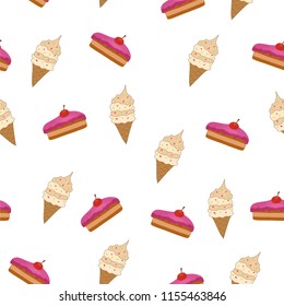 beautiful vector seamless pattern with sweet food cake pink capcake and ice cream in a waffle glass on a white background for textiles and fabric
