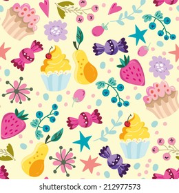 Beautiful vector seamless pattern of sweets and fruits. Bright illustration, can be used for menu, invitations, greeting card, wallpaper and textile.