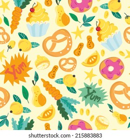 Beautiful vector seamless pattern of sweets. Bright illustration, can be used for menu, invitations, greeting card, wallpaper and textile.