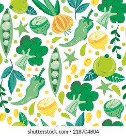 Beautiful vector seamless pattern of vegetables. Bright illustration, can be used for menu, invitations, greeting card, wallpaper and textile.