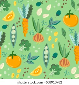 Beautiful vector seamless pattern of vegetables. Bright illustration, can be used for menu, invitations, greeting card, wallpaper and textile.