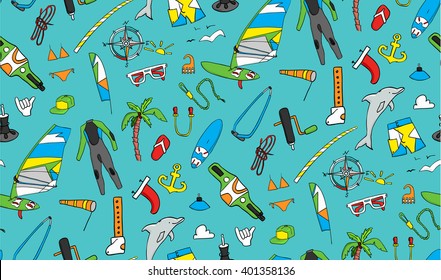 Beautiful vector seamless pattern of windsurfing. Board with a sail, wetsuit, sunglasses. All for lovers of active holidays at sea and active lifestyle.  great paper, wallpaper, fabric or textile