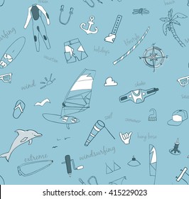 Beautiful vector seamless pattern of windsurfing. All for lovers of active holidays at sea and active lifestyle. Family summer holiday. 