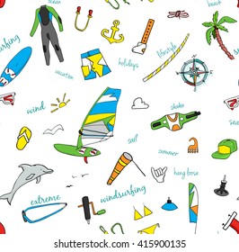 Beautiful vector seamless pattern of windsurfing. All for lovers of active holidays at sea and active lifestyle. Family summer holiday. great for your background, paper,  wallpaper, fabric or textile