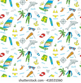 Beautiful vector seamless pattern of windsurfing.  All for lovers of active holidays at sea and active lifestyle. Family summer holiday. great for your background, paper,  wallpaper, fabric or textile