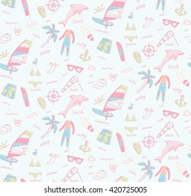 Beautiful vector seamless pattern of windsurfing. All for lovers of active holidays at sea and active lifestyle. Family summer holiday. great for your background, paper, wallpaper, fabric or textile