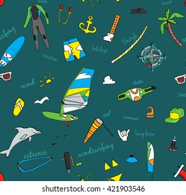 Beautiful vector seamless pattern of windsurfing. All for lovers of active holidays at sea and active lifestyle. Family summer holiday. great for your background, paper, wallpaper, fabric or textile