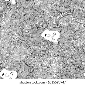 Beautiful vector seamless pattern with woman faces and hair. Decorative endless texture. You can use any color of background