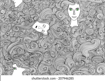 Beautiful vector seamless pattern with woman faces and hair