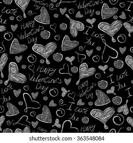 Beautiful vector seamless texture with white hand-drawn hearts, scribbles and text "I love you" and "Happy Valentine's Day" on a black background.