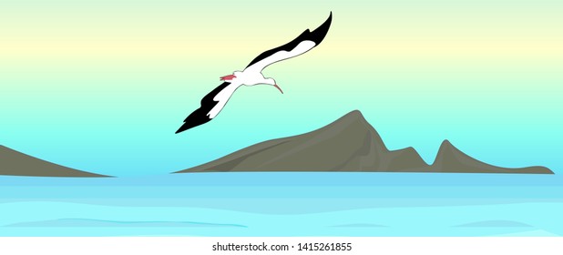 Beautiful vector seascape with the stork over the sea, at the coast of tropical island