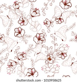 Beautiful Vector semleass pattern flower and butterflies with dash and embroidery technic beautiful delicate  for fashion wallpaper and ect.Stylish light pink flower on white