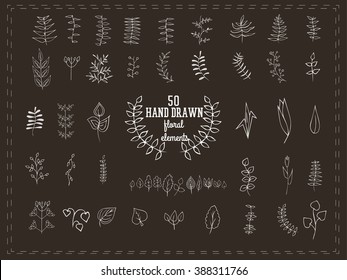 Beautiful vector set of 50 hand-drawn floral elements for your design . Stylish design elements for pattern, backgrounds, illustrations, ornaments. Big set of vintage elements with leaves and flowers