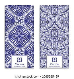 Beautiful vector set of blue and white packaging design. Luxury vintage template with ornament. Great for invitation, flyer, menu, brochure, card, background, wallpaper, decoration or any desired idea