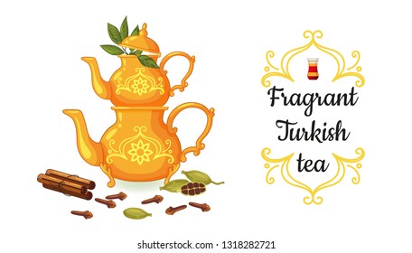 Beautiful vector set and decor for cafe signs. Golden decorated with ornaments kettle for making Turkish tea (