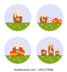 Beautiful vector set with easter cake and colorful eggs for web background design. Vector flat illustration set. Happy easter concept. Festive vector illustration.
