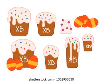 Beautiful vector set with easter cake and colorful eggs for web background design. Vector flat illustration set. Happy easter concept. Festive vector illustration.