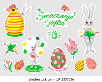 Beautiful vector set of Easter doodles. Easter bunny, flowers, eggs and lettering in polish.