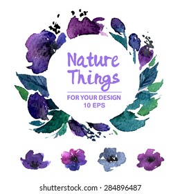 Beautiful vector set flowers and twigs in a watercolor style. Handmade. Spring design for invitation, wedding or greeting cards.