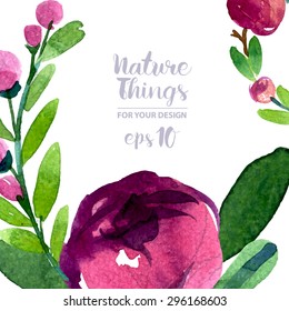 Beautiful vector set flowers and twigs in a watercolor style. Handmade. Spring design for invitation, wedding or greeting cards.