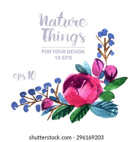 Beautiful vector set flowers and twigs in a watercolor style. Handmade. Spring design for invitation, wedding or greeting cards.