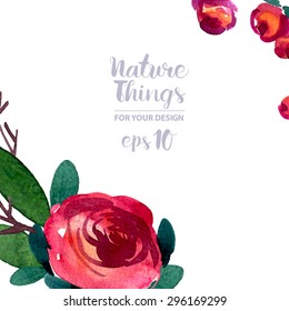 Beautiful vector set flowers and twigs in a watercolor style. Handmade. Spring design for invitation, wedding or greeting cards.