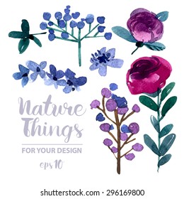 Beautiful vector set flowers and twigs in a watercolor style. Handmade. Spring design for invitation, wedding or greeting cards.