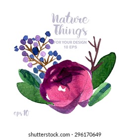 Beautiful vector set flowers and twigs in a watercolor style. Handmade. Spring design for invitation, wedding or greeting cards.