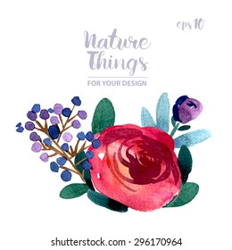 Beautiful vector set flowers and twigs in a watercolor style. Handmade. Spring design for invitation, wedding or greeting cards. Vector illustration.