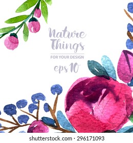 Beautiful vector set flowers and twigs in a watercolor style. Handmade. Spring design for invitation, wedding or greeting cards. Vector illustration.