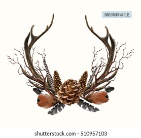 Beautiful vector set of horns with branches. Hand drawn boho chic style design elements with deer antler, pine cones, branches, feathers  isolated on white background