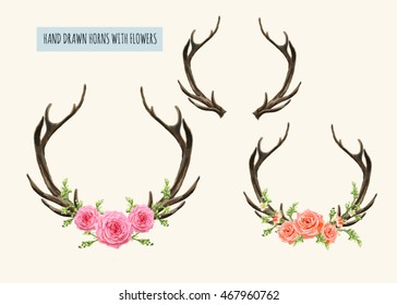 Beautiful vector set of  horns with flowers. Hand drawn boho chic style design elements with deer antler, roses, branches, leaves and various flowers isolated on white background