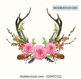 Beautiful Vector Set Of Horns With Flowers. Hand Drawn Boho Chic Style Design Elements With Deer Antler, Roses, Branches, Leaves, Feathers And Various Flowers Isolated On White Background