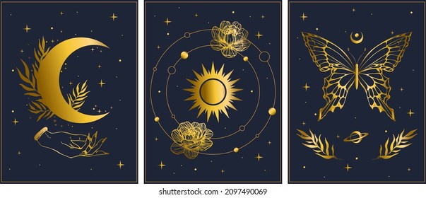 Beautiful vector set illustration of butterfly, crescent, sun in golden colors. Mystical and magical, astrology illustration.