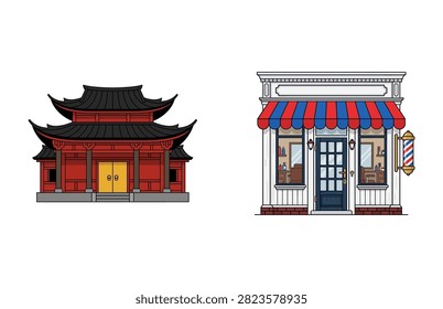 Beautiful vector set illustration featuring a traditional red asian temple alongside a classic commercial barbershop store building.