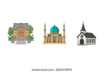 Beautiful vector set illustration featuring diverse religious buildings including a traditional japanese shrine, islamic mosque, and christian church.