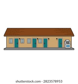 Beautiful vector set illustration of a long commercial motel or residential row house building with multiple wooden doors.