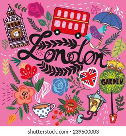 Beautiful vector set of London's symbols in cute decorative style.